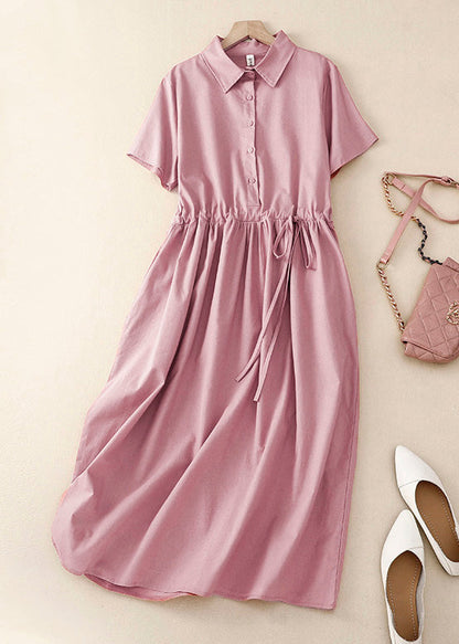 Pink Peter Pan Collar Drawstring Cotton Long Dress Summer