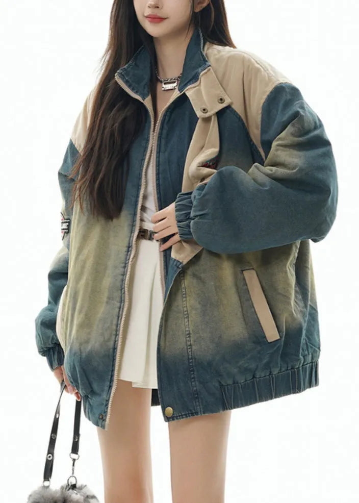 Denim Blue Stand Collar Patchwork Fine Cotton Filled Coats Winter