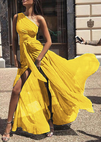 Green One Shoulder Side Open Chiffon Dress Summer