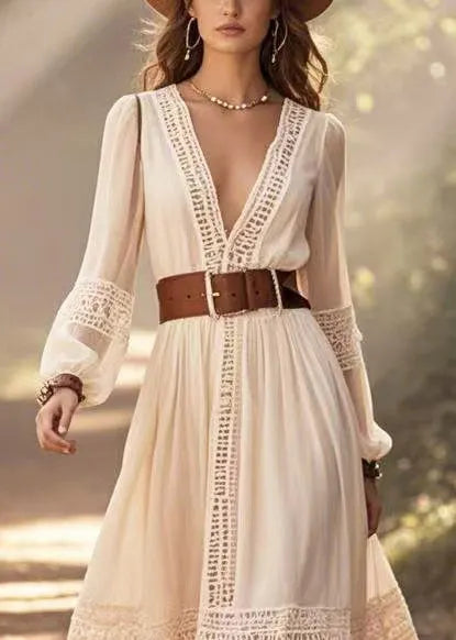 French White Hollow Out Patchwork Cotton Tunic Dresses Spring