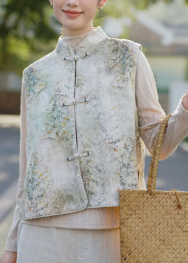 Chinese Style Stand Collar Oriental Button Linen Vest Sleeveless