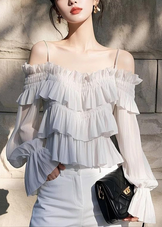 New Light Grey Ruffled Chiffon Blouses Butterfly Sleeve