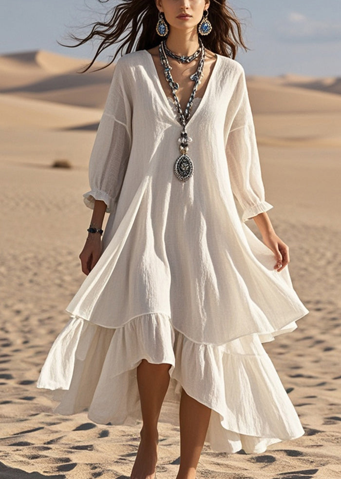 White Oversized Patchwork Cotton Maxi Dresses Bracelet Sleeve