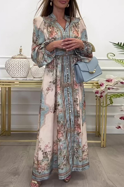 Print Buckle V Neck a Line Dresses