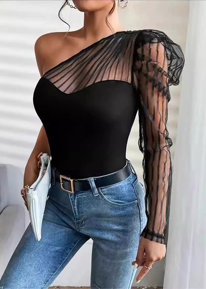 Summer Tulle Patchwork One Shoulder Long Sleeved T-shirt Top