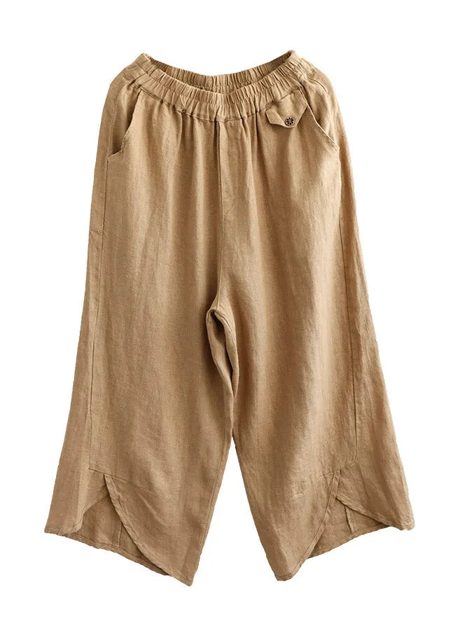 Khaki Patchwork Elastic Waist Linen Wide Leg Pants
