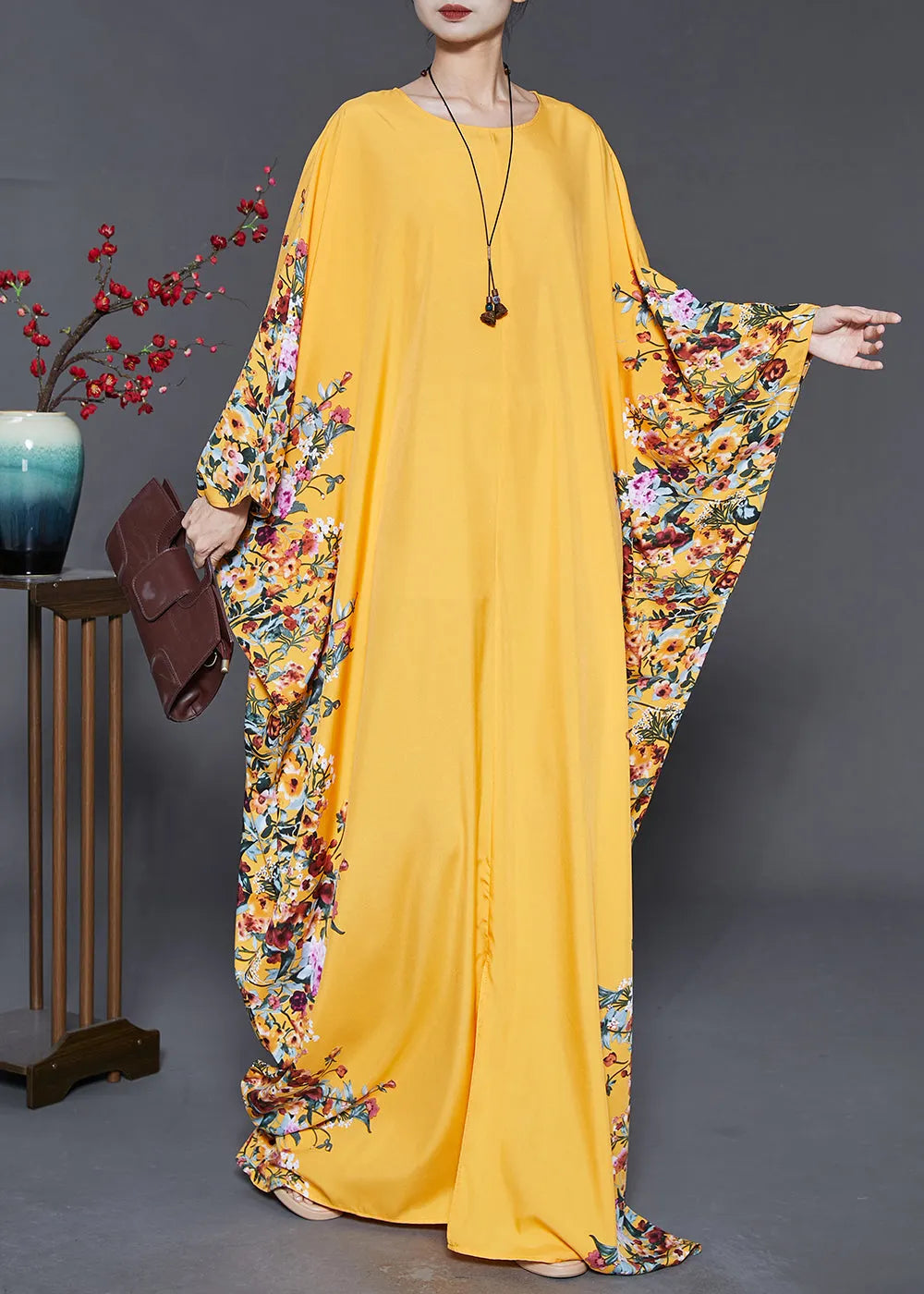 Yellow Oversized Print Chiffon Maxi Dress Summer