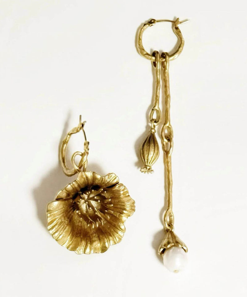 Retro Gold Copper Overgild Asymmetrical Pearl Tassel Drop Earrings