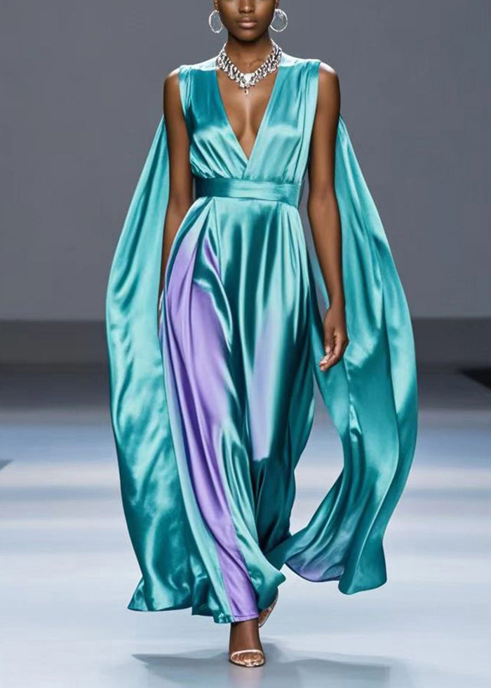 Green V Neck Tie Dye Silk Party Dress Summer