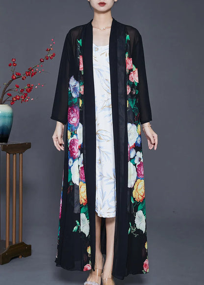Fine Black Oversized Print Chiffon Upf 50+ Coat Cardigan Spring