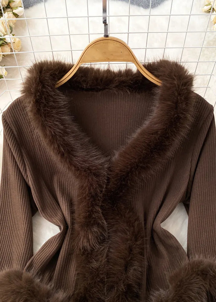 Brown Fur Collar Patchwork Cotton Knit Sweater Flare Sleeve
