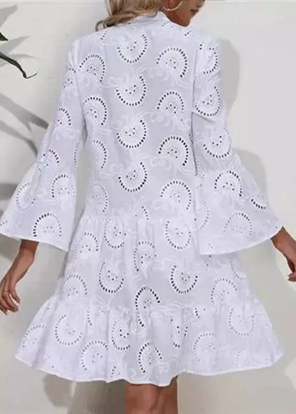 French White V Neck Hollow Out Holiday Lace Long Dress Fall