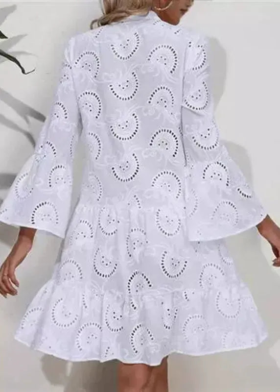 French White V Neck Hollow Out Holiday Lace Long Dress Fall