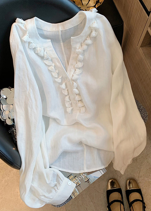 White V Neck Tasseled Linen Shirt Fall