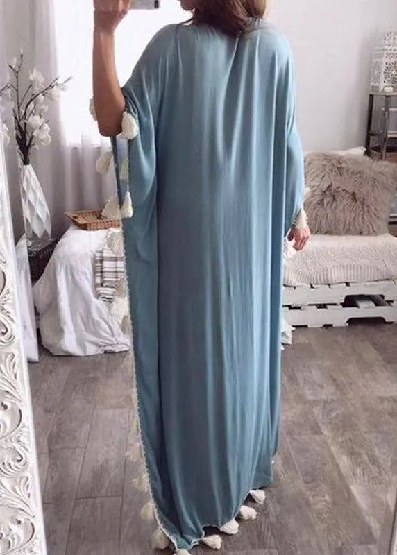 Beach Blue V Neck Tassel Long Dresses Three Quarter Sleeve