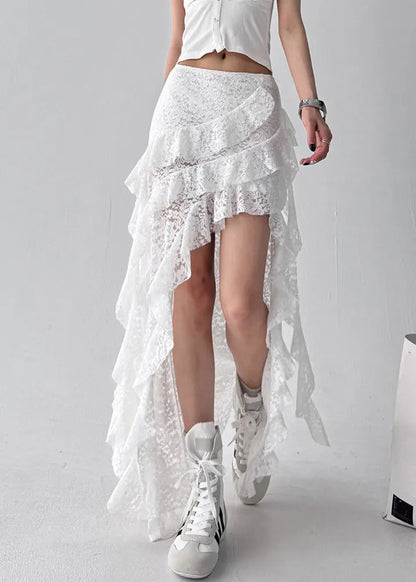 White Ruffled Lace Summer Skirt Asymmetrical