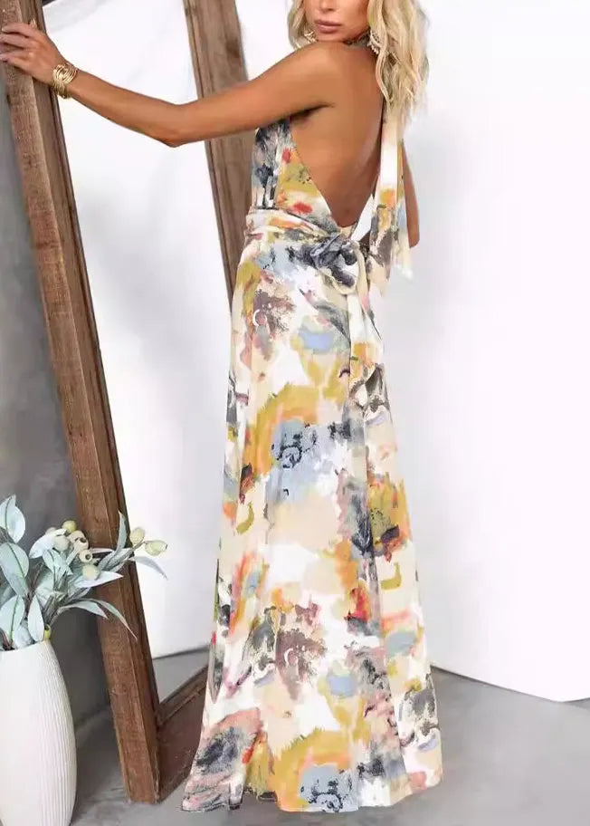 Yellow V Neck Print Backless Lace Up Cotton Dress Summer