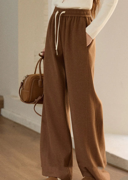 Oatmeal Pockets Elastic Waist Woolen Wide Leg Pants Fall