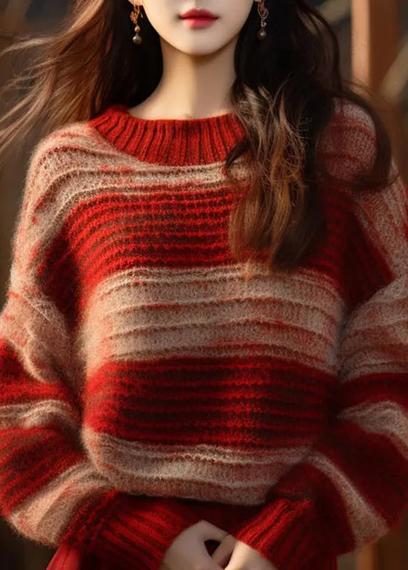 Diy Red Stand Collar Striped Patchwork Cotton Knit Sweater Fall