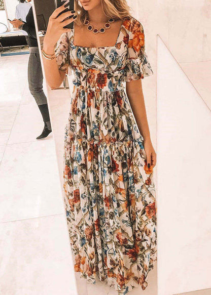 Apricot Square Neck Print Ruffle Waist Dress Summer