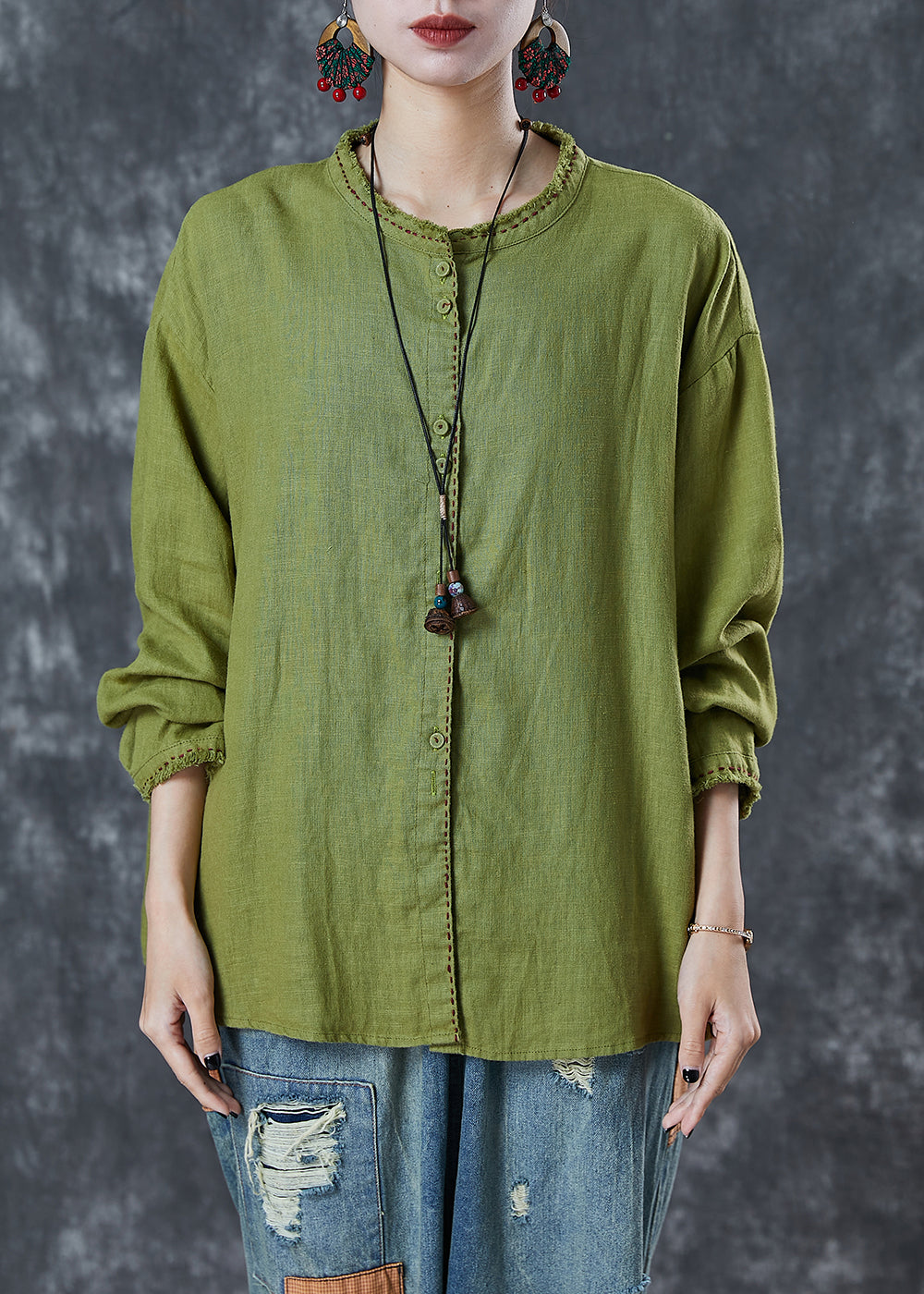 Grass Green Embroidered Linen Blouses Spring