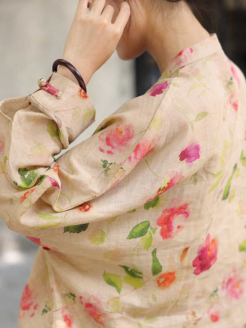Flower Button-up Ramie Loose Shirt