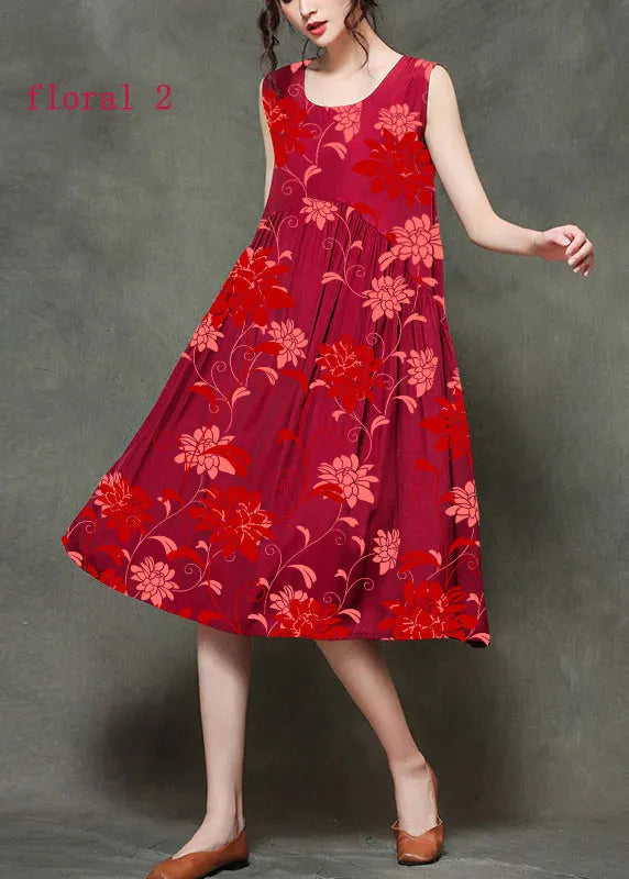 Wine Red-floral1 O-neck Wrinkled Long Dresses Sleeveless