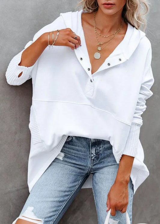 White Hooded Patchwork Cotton Sweatshirts Spring