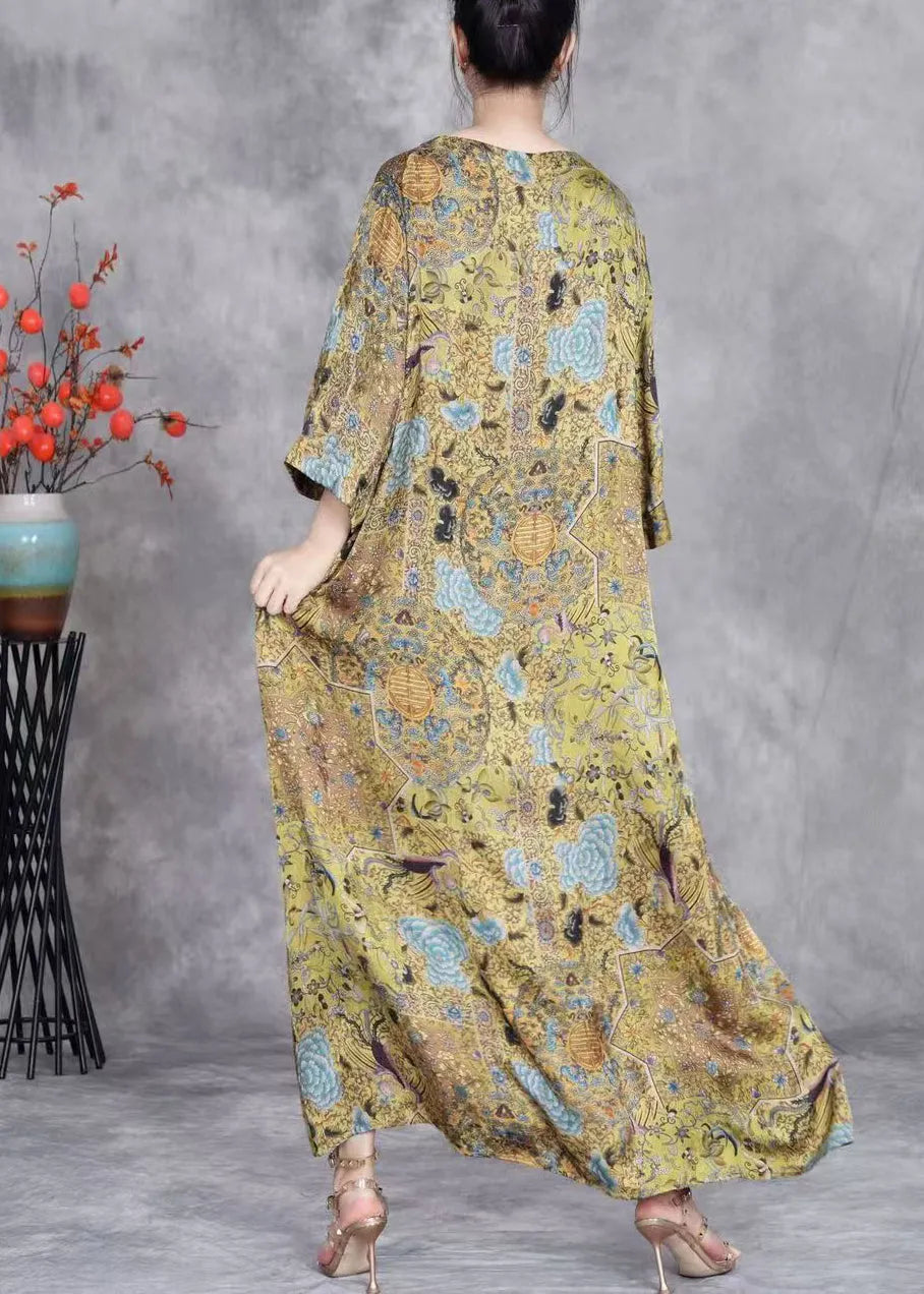 Yellow O Neck Button Print Silk Long Dresses Bracelet Sleeve