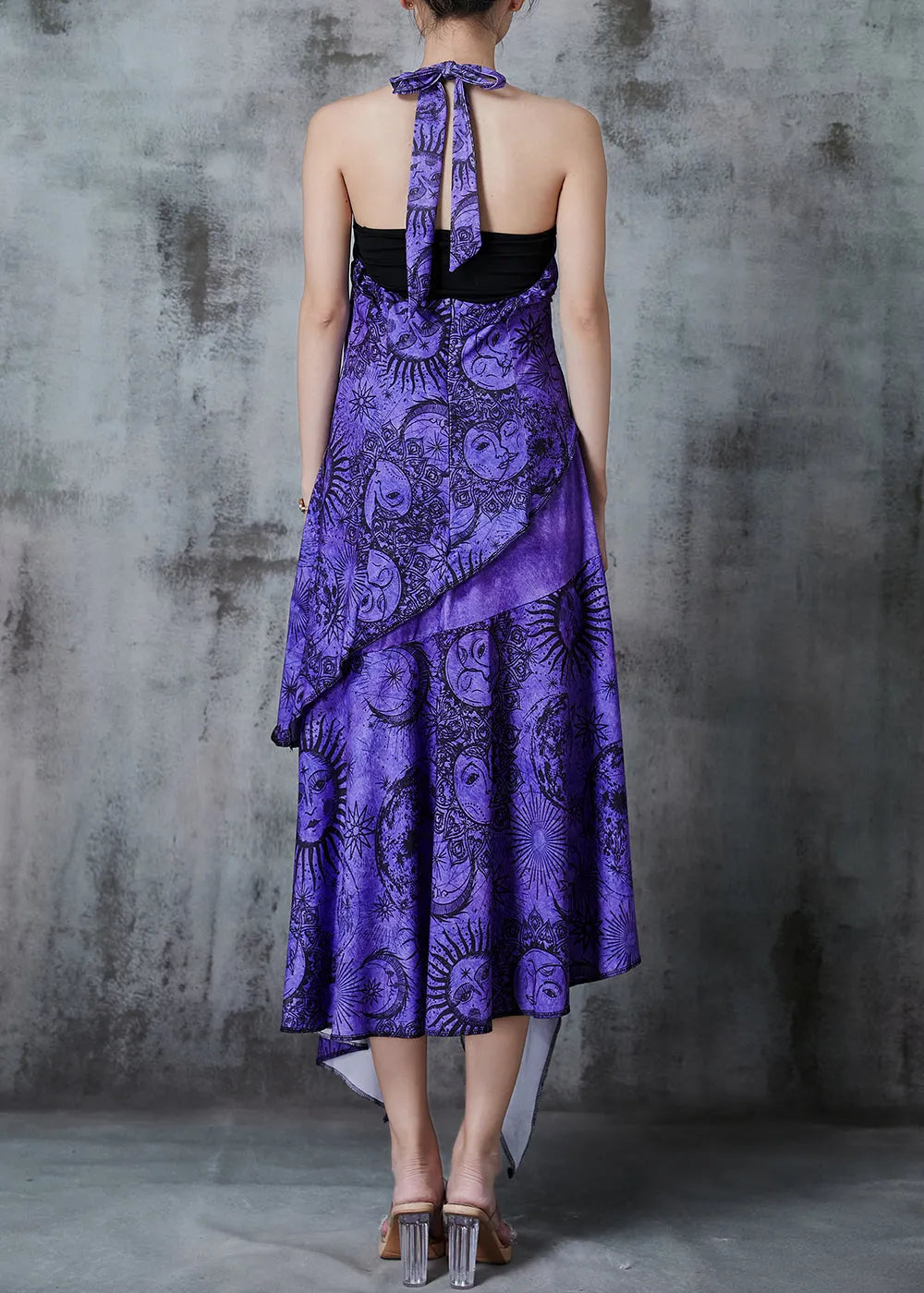 Purple Asymmetrical Print Cotton Halter Dress Summer
