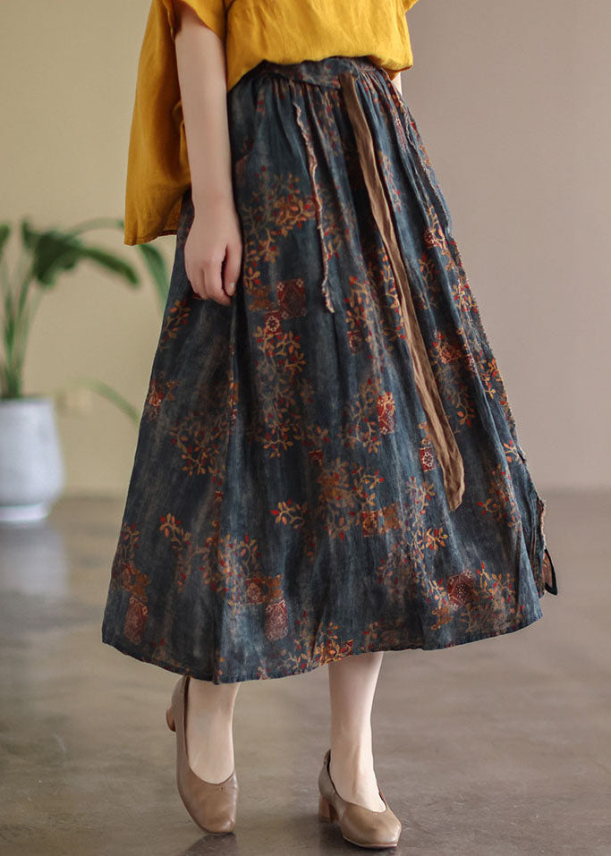Navy Patchwork Linen a Line Skirts Oversized Spring