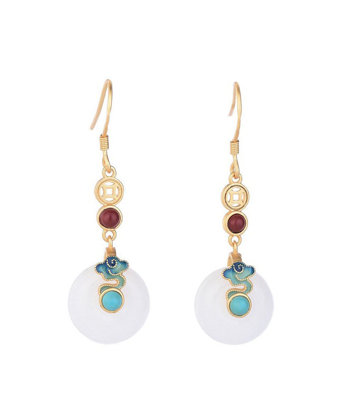 White Sterling Silver Overgild Inlaid Jade Xiang Yun Drop Earrings