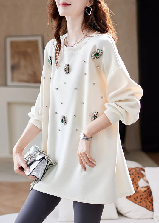 Classy Beige Patchwork Zircon Tops Lantern Sleeve