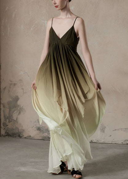Gradient Color V Neck Wrinkled Chiffon Long Dress Sleeveless