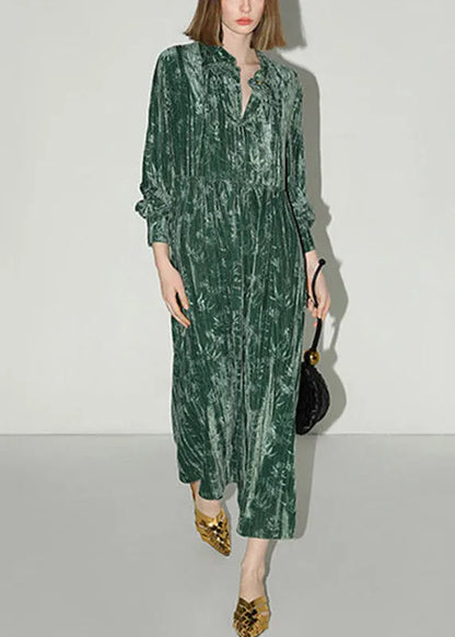 Chinese Style Green V Neck Print Silk Velvet Long Dress Lantern Sleeve