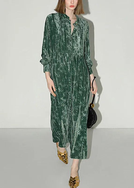 Chinese Style Green V Neck Print Silk Velvet Long Dress Lantern Sleeve