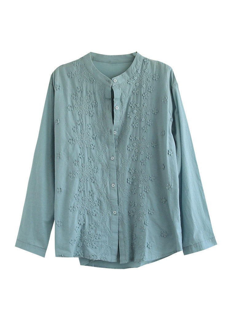 White Stand Collar Embroidered Button Cotton Shirt Long Sleeve