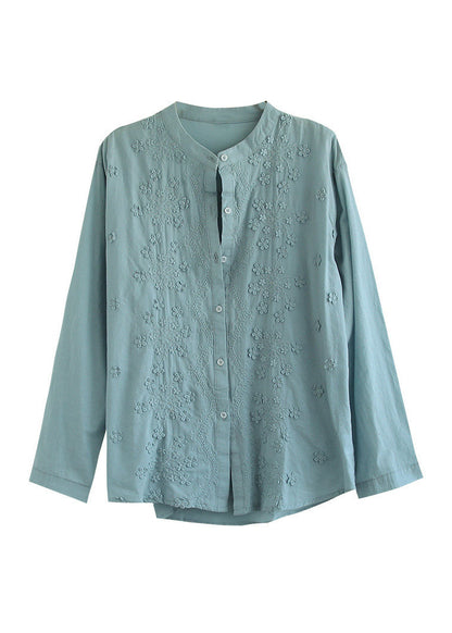 White Stand Collar Embroidered Button Cotton Shirt Long Sleeve