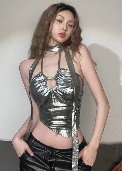 Pink Halter Wrinkled Faux Leather T Shirt Summer