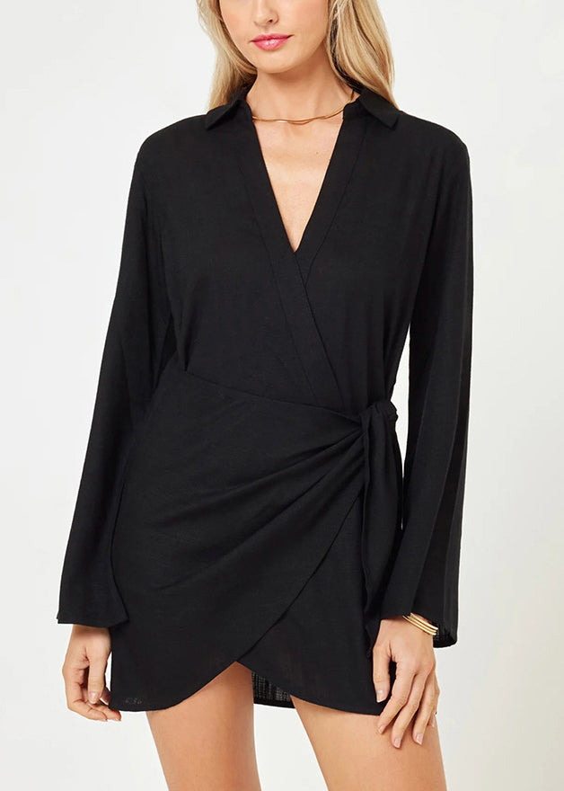 Simple White V Neck Tie Waist Cotton Swimwears Cover Up Dress