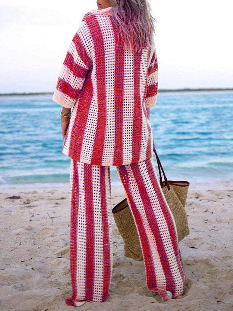 Loose V-neck Hollow Out Striped Shirt Wide Leg Pants Set