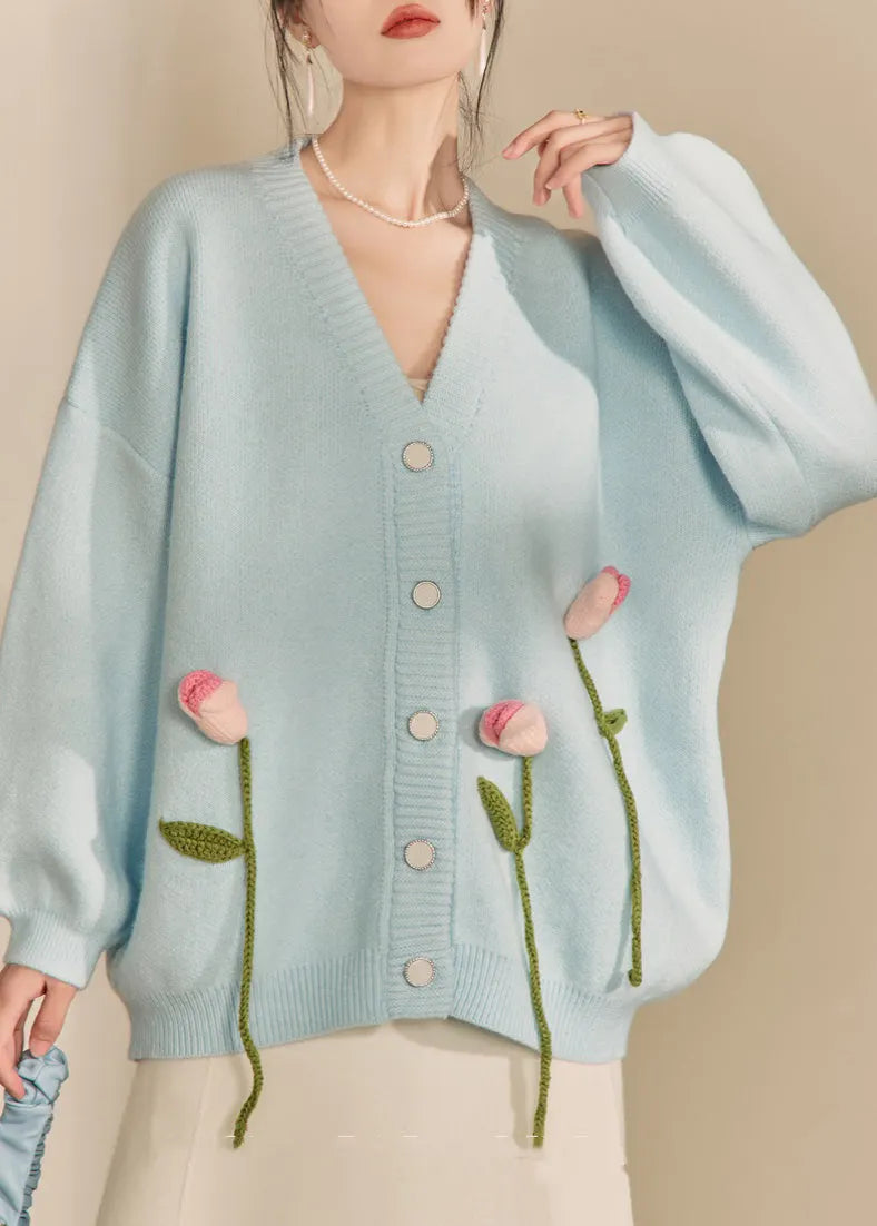 Loose Cozy Blue V Neck Knit Cardigan Fall