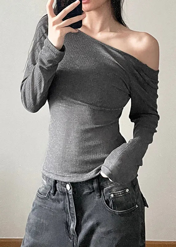 Unique Grey Asymmetrical Backless Hollow Out Top Long Sleeve