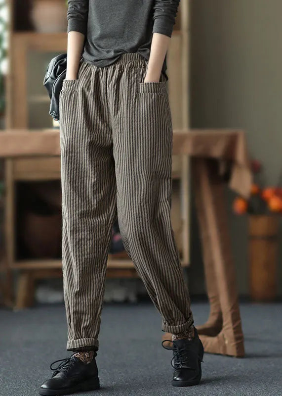 Chocolate Elastic Waist Striped Pockets Fine Cotton Filled Pants Winter