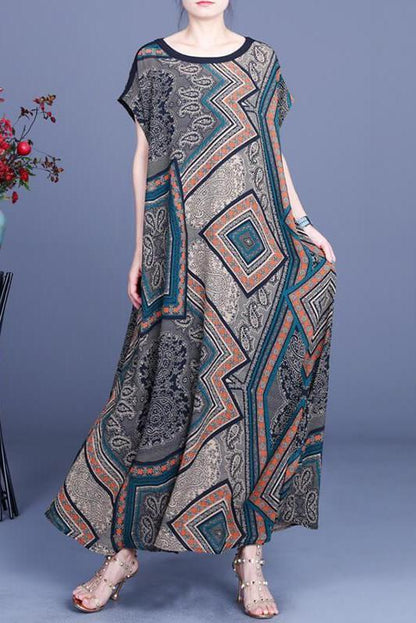 Geometric Print Pocket O Neck Maxi Dress