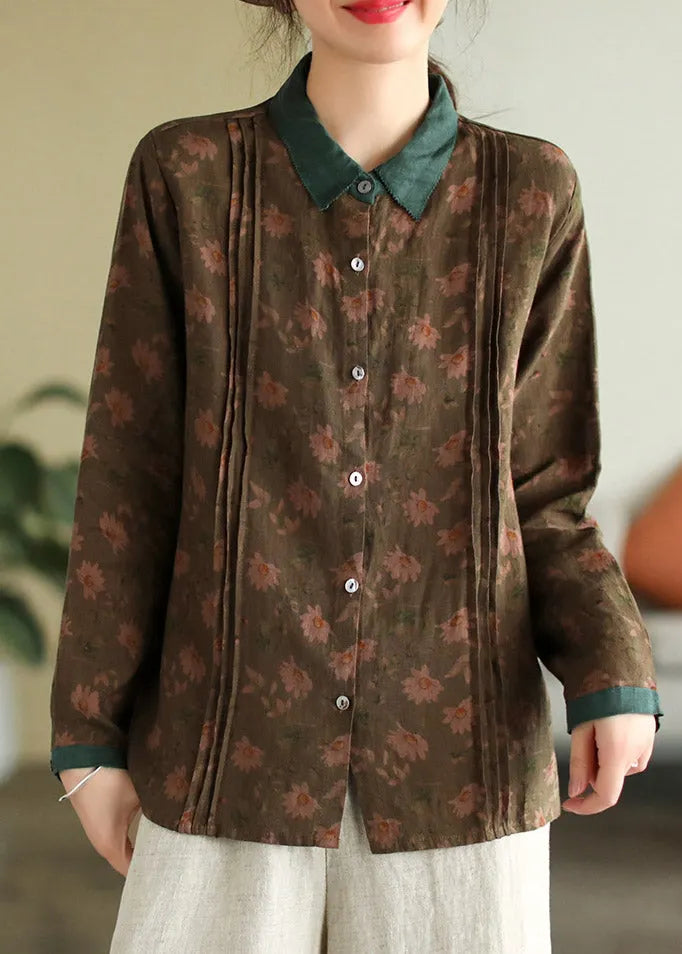 Peter Pan Collar Print Button Linen Shirt Long Sleeve