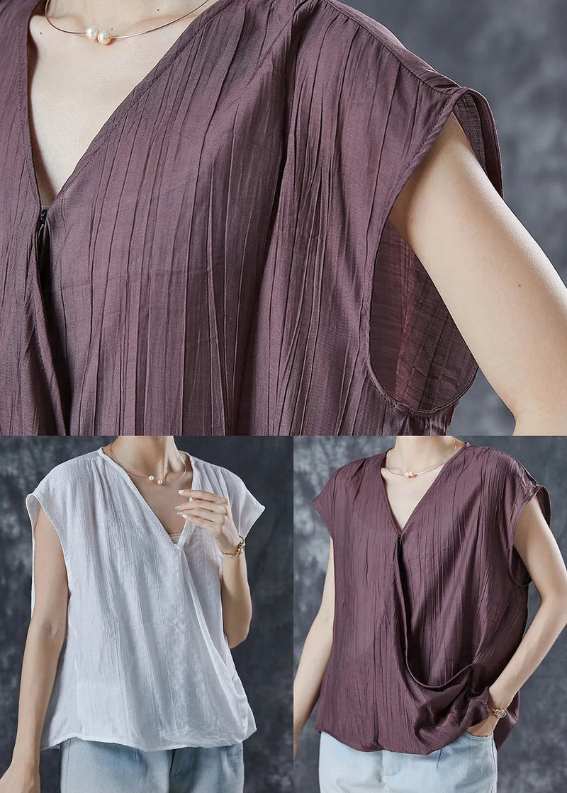 White V Neck Wrinkled Linen Tops Summer