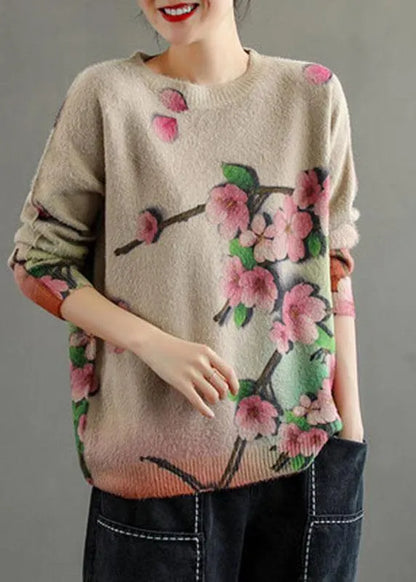 Khaki Retro Print Knitted Sweaters Top