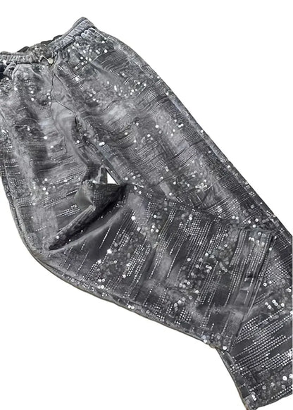 Silver Sequins Elastic Waist Straight Pants Spring