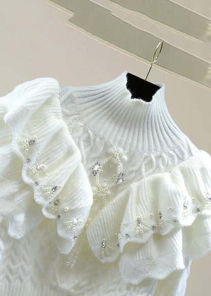 White Ruffled Patchwork Cotton Knit Sweater Lantern Sleeve